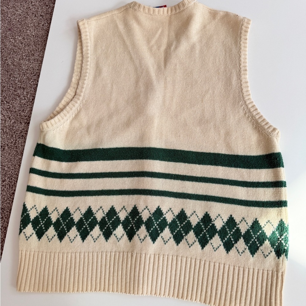 VTG 80’s Tail Sweater Vest Knit Argyle Cream/Green‎ Sz L Cottage Grandpa Core - Picture 7 of 11
